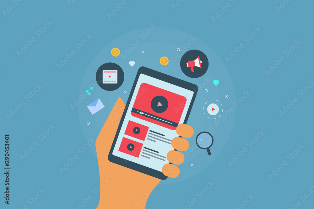 Aufkleber mobile video, concept of successful customer engagement with video content, digital inbound strategy