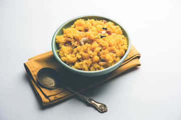 Pineapple sheera or Halwa also known as Ananas keshri shira. Popular South Indian Dessert recipe. selective focus