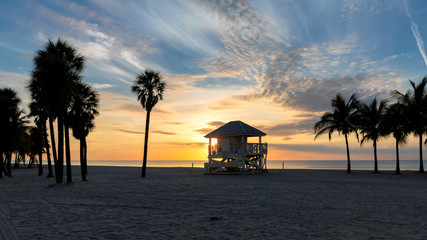 Silhouette coconut palm trees and lifeguard tower on tropical beach at sunrise. Miami Beach, Florida. 