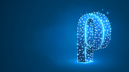 Rho, the letter of a Greek alphabet. Greek numerals, mathematical one hundred number concept. Abstract, digital, wireframe, low poly mesh, Raster blue neon 3d illustration. Triangle, line dot