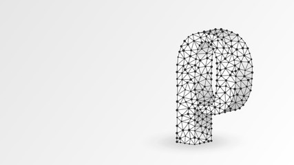 Rho, the letter of a Greek alphabet. Greek numerals, mathematical one hundred number concept. Abstract, digital, wireframe, low poly mesh, Raster white origami 3d illustration. Triangle, line dot