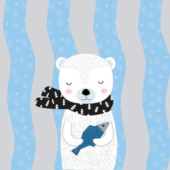 Vector Cute Bear winter. Doodle Cartoon Scandinavian Bear on the winter background. Scandinavian Nursery Print or Poster Design for Kids, Greeting Card, Baby dishes and clothes.
