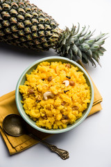 Pineapple sheera or Halwa also known as Ananas keshri shira. Popular South Indian Dessert recipe. selective focus