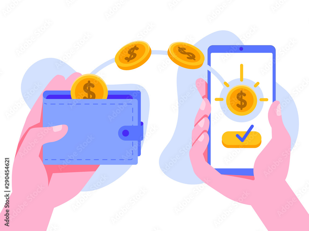 Poster online money transfer with mobile phone illustration concept. modern design concept of web page desi