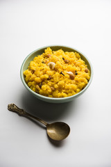 Pineapple sheera or Halwa also known as Ananas keshri shira. Popular South Indian Dessert recipe. selective focus