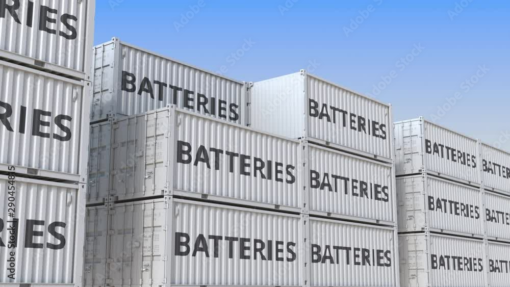 Poster container yard full of containers with batteries. production, export or import related loopable 3d a