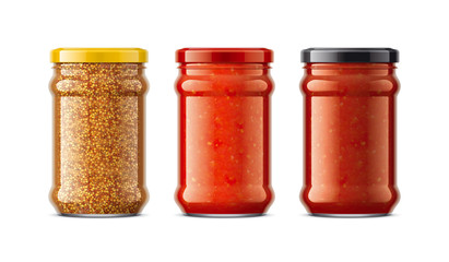 Set of Glass Jar with Sauces, Mustard. 