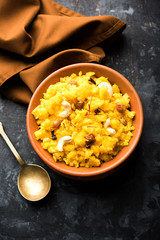 Pineapple sheera or Halwa also known as Ananas keshri shira. Popular South Indian Dessert recipe. selective focus