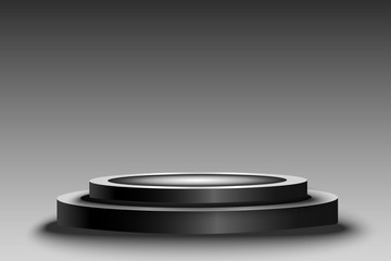 Round podium, pedestal or platform, illuminated by spotlights in the background. Vector illustrations.