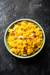 Pineapple sheera or Halwa also known as Ananas keshri shira. Popular South Indian Dessert recipe. selective focus