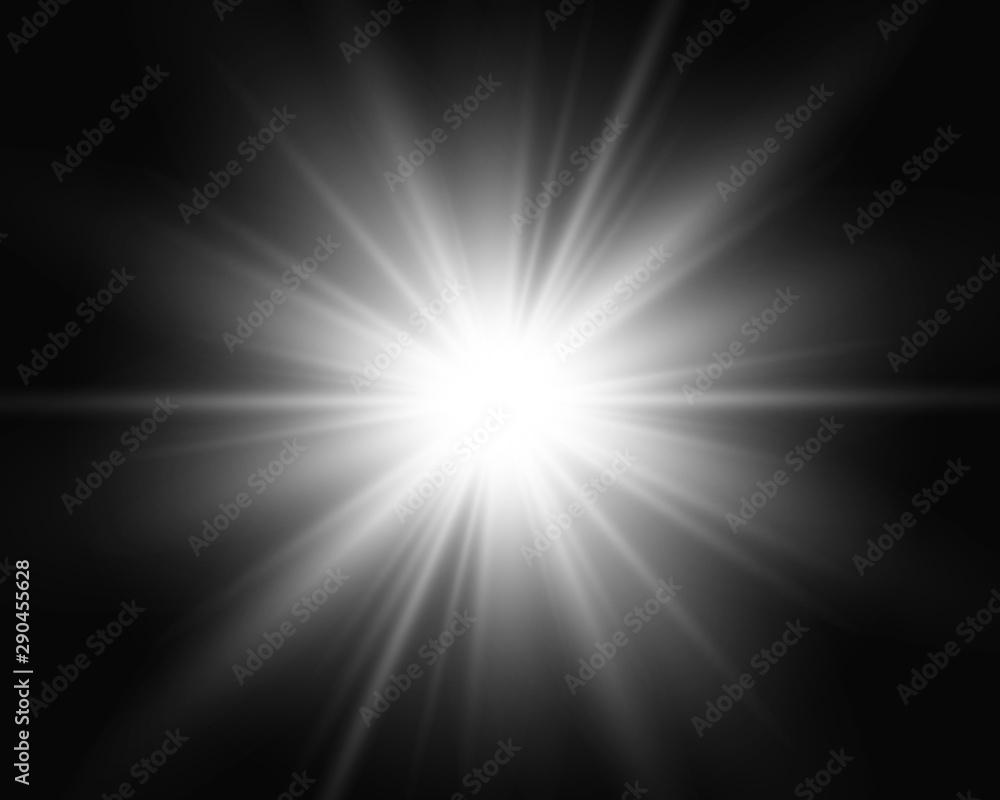Poster White beautiful light explodes with a transparent explosion. Vector, bright illustration for perfect effect with sparkles. Bright Star. Transparent shine of the gloss gradient, bright flash.