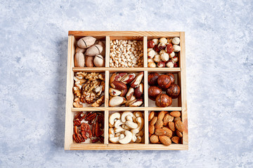 pecans, hazelnuts, almonds, pine nuts, brazil nut, cashews in a wooden box on blue background, top...