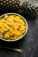 Pineapple sheera or Halwa also known as Ananas keshri shira. Popular South Indian Dessert recipe. selective focus