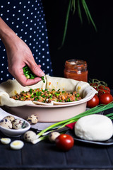 chef's hand cook tasty meat pie with carrots, onions and cheese in a baking dish on a dark background