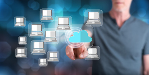 Man touching a cloud computing concept