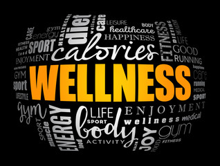 Wellness word cloud collage, health concept background