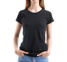 Woman in stylish t-shirt on white background