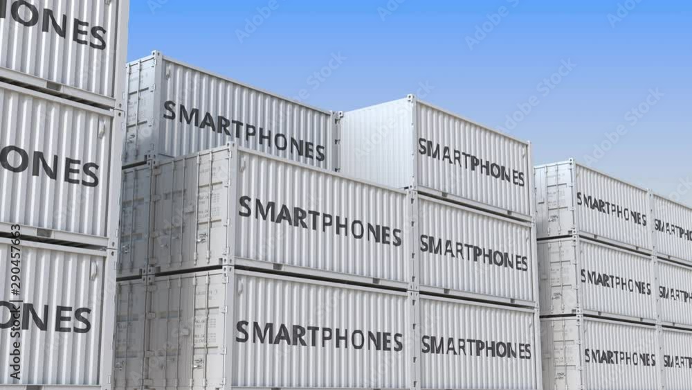 Poster container yard full of containers with smartphones. production, export or import related loopable 3d