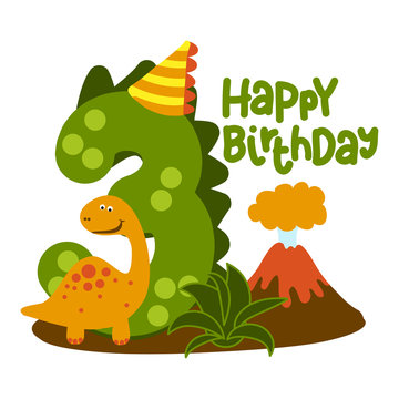 Happy 3st Birthday - Cute dinosaur alphabet doodle. Hand drawn vector cartoon set for kids. Good for textiles, clothes, bday gifts.