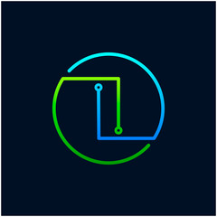 Letter I mono line logo with element chip, Connect concept , Circle shape symbol, green and blue color, Technology and digital abstract dot connection - vector