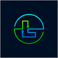 Letter L mono line logo with element chip, Connect concept , Circle shape symbol, green and blue color, Technology and digital abstract dot connection - vector