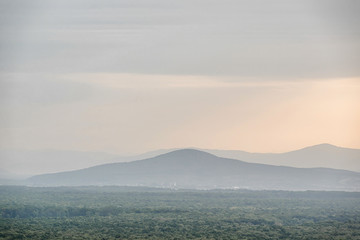 A picturesque panorama of the green valley of the Carpathian mountains. Morning in the mountains.