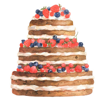 Wedding Cake Watercolor With Strawberries And Blueberries