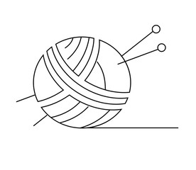 A ball of thread for knitting and knitting needles on a white background. Linear silhouette. Vector illustration.