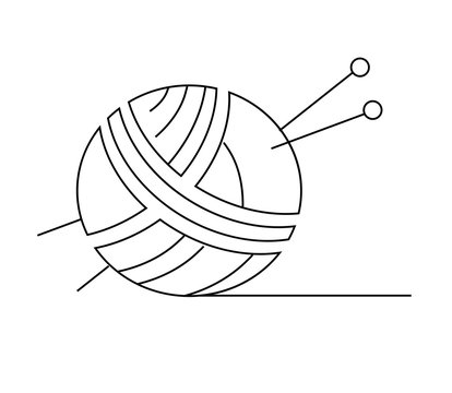 A ball of thread for knitting and knitting needles on a white background. Linear silhouette. Vector illustration.