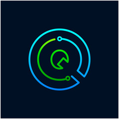 Letter Q mono line logo with element chip, Connect concept , Circle shape symbol, green and blue color, Technology and digital abstract dot connection - vector