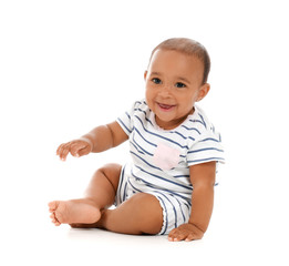 Cute African-American baby on white background