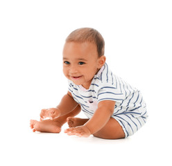 Cute African-American baby on white background