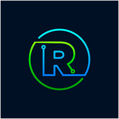 Letter R mono line logo with element chip, Connect concept , Circle shape symbol, green and blue color, Technology and digital abstract dot connection - vector