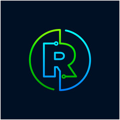 Letter R mono line logo with element chip, Connect concept , Circle shape symbol, green and blue color, Technology and digital abstract dot connection - vector