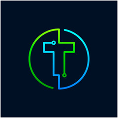 Obraz premium Letter T mono line logo with element chip, Connect concept , Circle shape symbol, green and blue color, Technology and digital abstract dot connection - vector