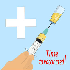 Time to vaccinated. Flat concept of a syringe with a vaccine. A bottle of medicine. Isolated. Illustration