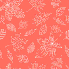 Seamless pattern of abstract autumn leaves, white outline on red background