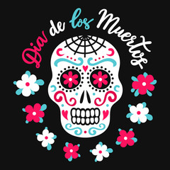 Mexican style colorful ornate sugar skull with red flowers and green leaves. Day of the Dead hand drawn lettering phrase inscription in spanish language. Holy death symbol EPS 10 vector illustration