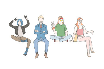 Different people on the banner concept set. Young business man, adult woman, girl punk and guy of hippie sitting on a banner, smiling and gesturing. Simple flat vector.