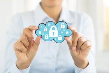 Cloud computing security concept with woman holding blue cloud with padlock symbol