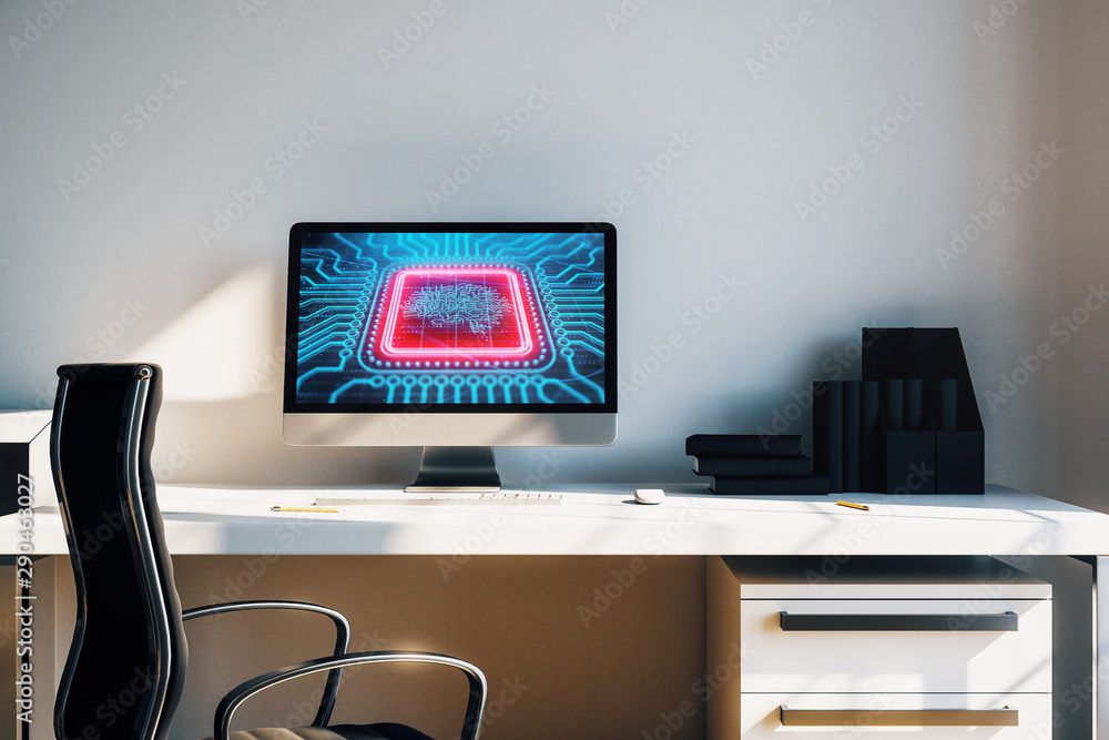 Aufkleber desktop interior with computer, table and chair. data theme brain drawing on screen. 3d rendering.