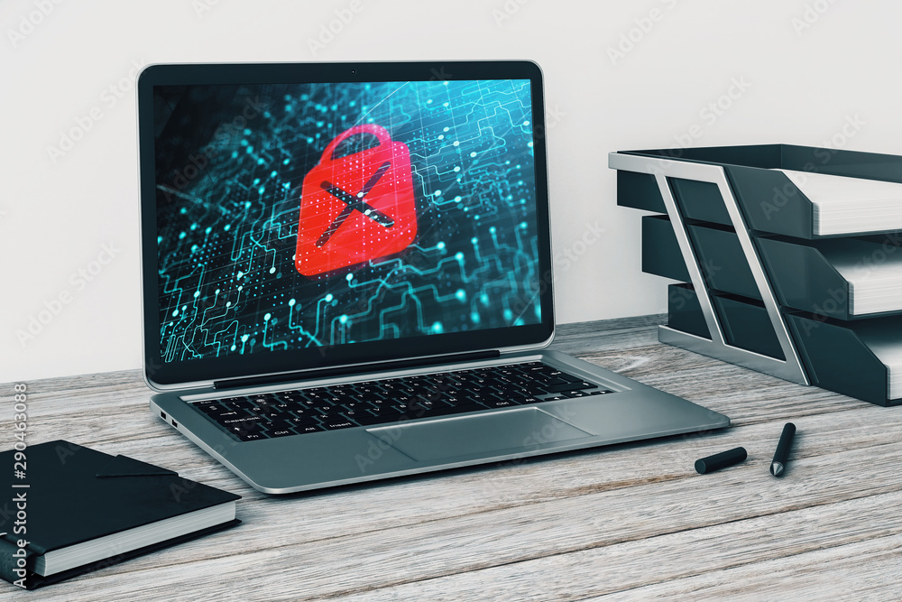 Poster laptop closeup with lock icon drawing on computer screen. data safety concept. 3d rendering.