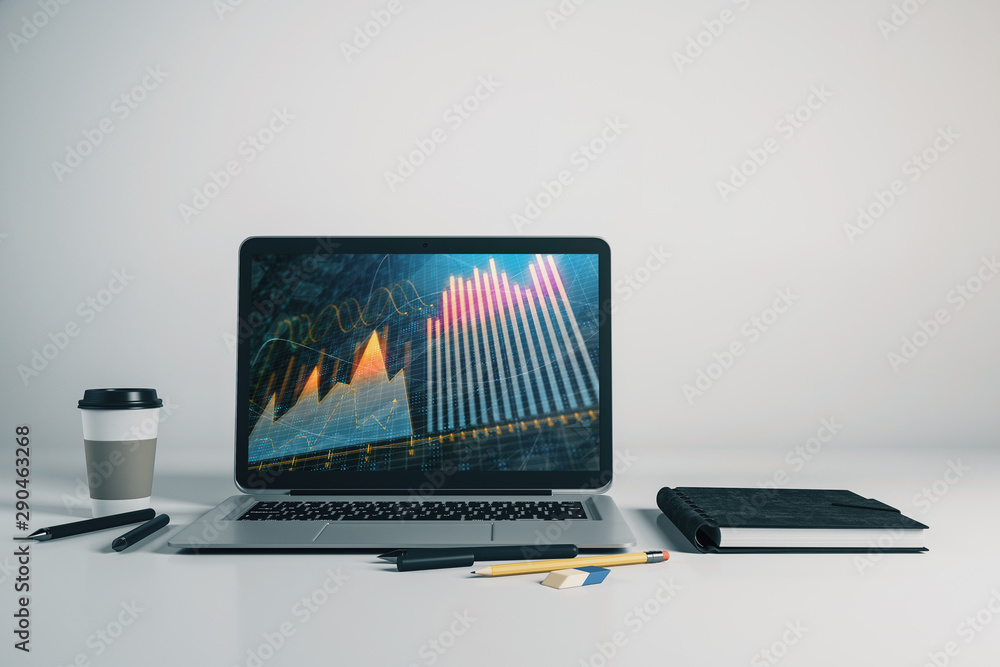 Poster laptop closeup with forex graph on computer screen. financial trading and education concept. 3d rend