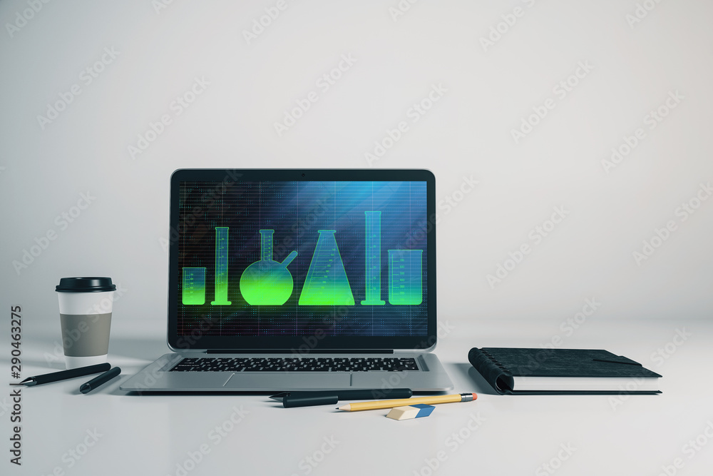 Poster laptop closeup with laboratory flasks drawing on computer screen. education concept. 3d rendering.