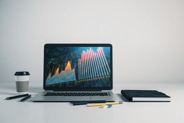 Laptop closeup with forex graph on computer screen. Financial trading and education concept. 3d...