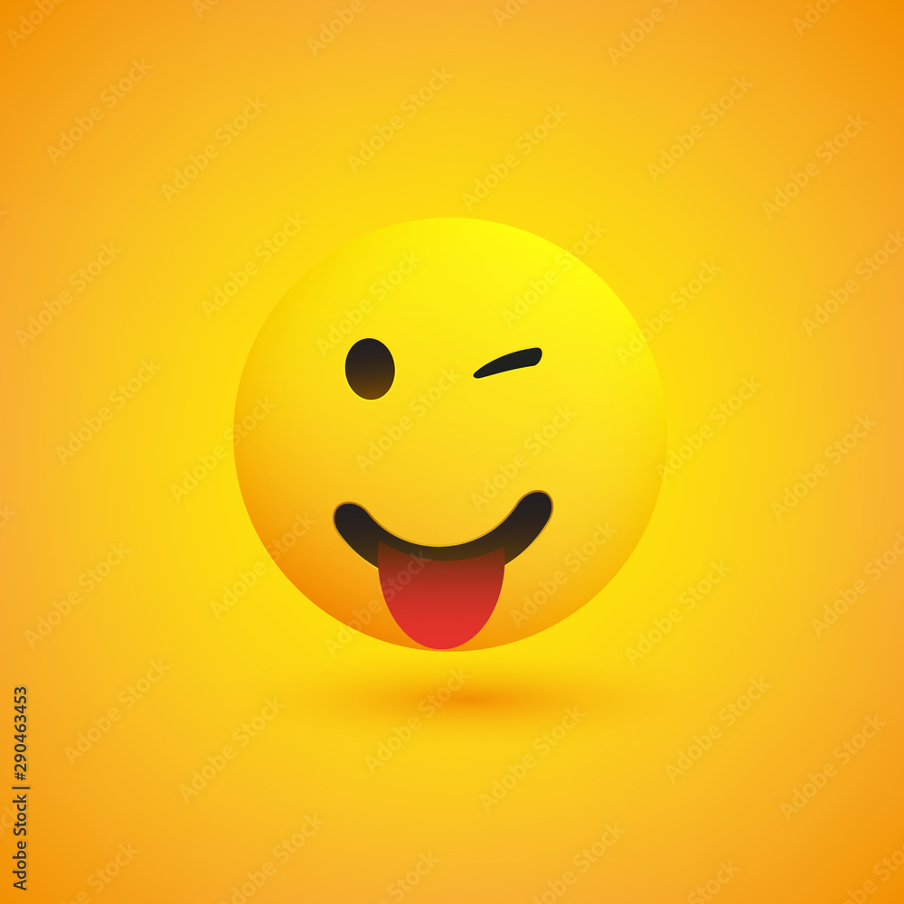 Poster smiling emoji with stuck out tongue - simple happy emoticon on yellow background - vector design