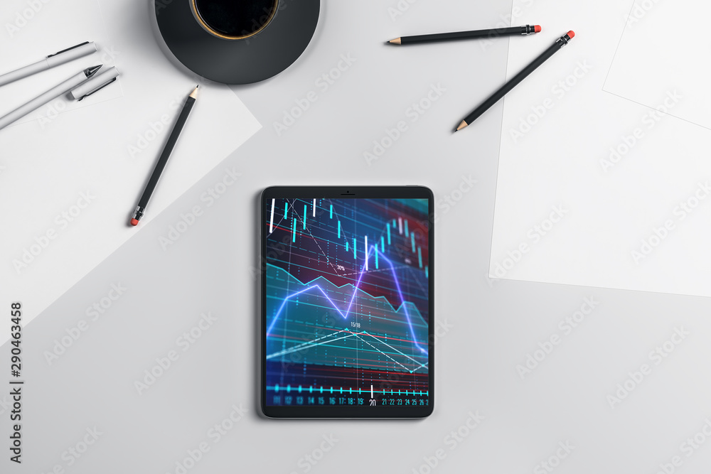 Poster digital tablet closeup top view with financial graph on screen. online trading application concept. 