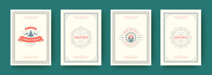 Christmas cards vintage typographic design ornate decorations symbols with winter holidays wishes vector illustration