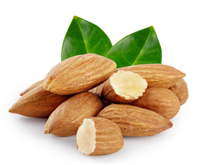 Nuts almond with green leaves