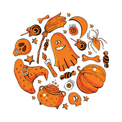 Set in vector for a fun Halloween. Cartoon monsters in flat style. Hand drawing in orange, red, black, white. Isolated object. Funny, mystical characters in a cute style.